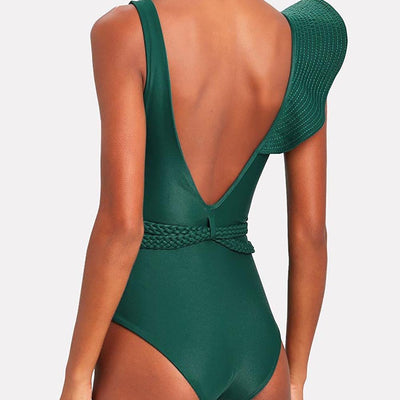 Modioza Ruffled Deep V-Neck One Piece Swimsuit